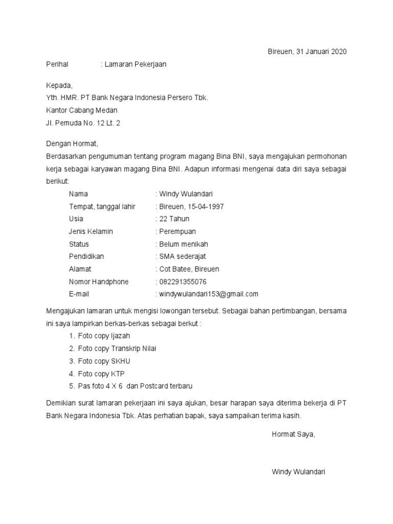 Rekrutmen program magang bina bni untuk semua cabang terbaru. Surat Lamaran Pekerjaan Bina Bni Pdf