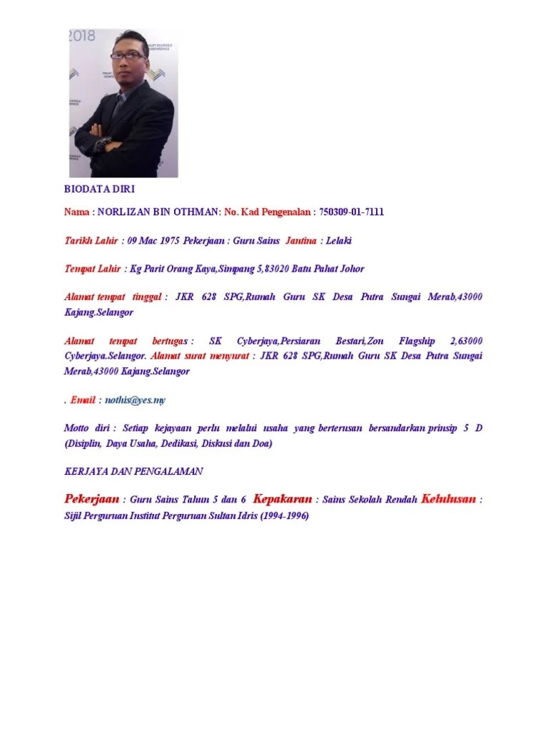 Biodata merupakan rincian mengenai identitas diri yang digunakan sebagai cara pengenalan diri kepada orang lain. Biodata Diri Pdf
