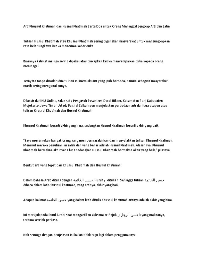 Arti Khusnul Khatimah Dan Husnul Khatimah Serta Doa Untuk Orang Meninggal  Lengkap Arti Dan Latin | PDF