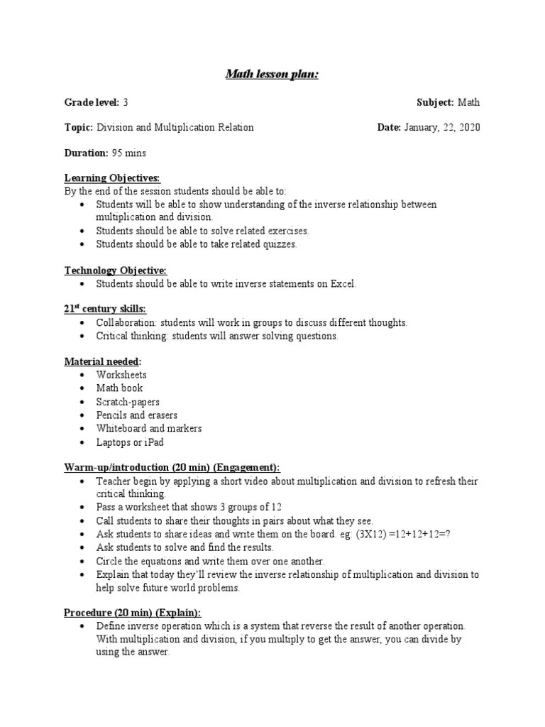 math lesson plan pdf lesson plan multiplication