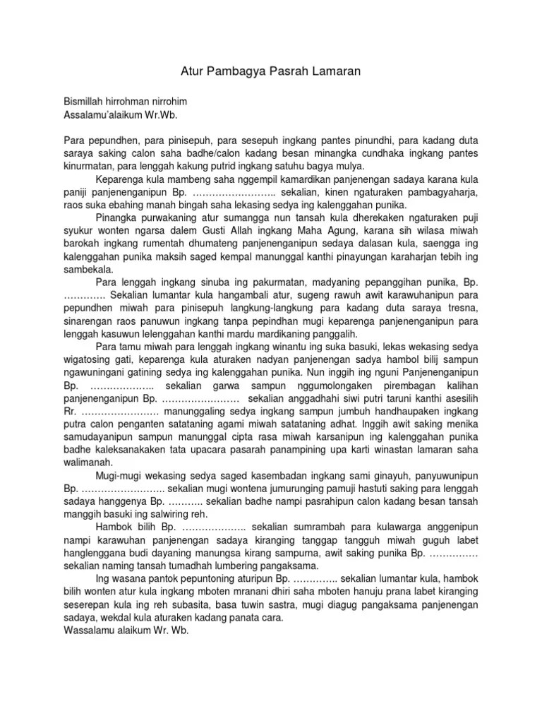 Contoh pasrah lamaran bahasa jawa singkat posting komentar acara lamaran di daerah jawa tengah dan yogyakarta masih mempertahankan adat . Atur Pambagya Pasrah Lamaran Pdf