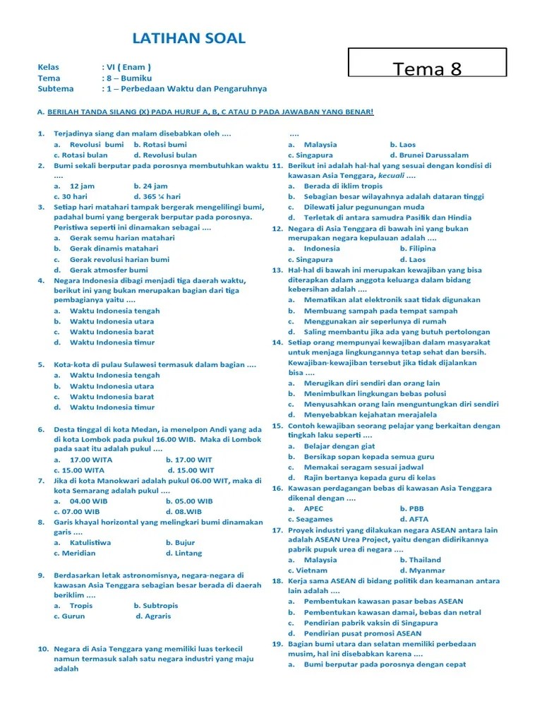 Kepala dinas pendidikan dki jakarta taufik yudi mulyanto mengatakan, tiga mata pelajaran itu akan digeser menjadi kegiatan ekstrakurikuler, tak . Soal Tematik Kelas 6 Sd Tema 8 Bumiku Subtema 1 Perbedaan Waktu Dan Pengaruhnya Dilengkapi Kunci Jawaban Pdf