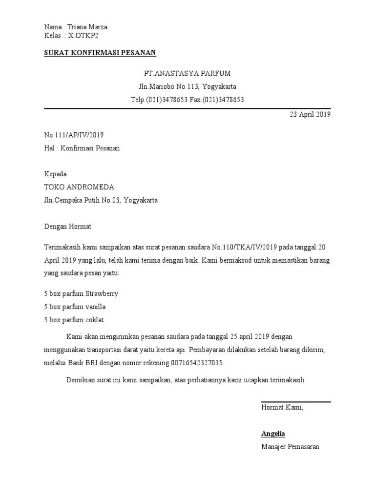 Triana Marza X.otkp2 Surat Konfirmasi Pesanan | PDF