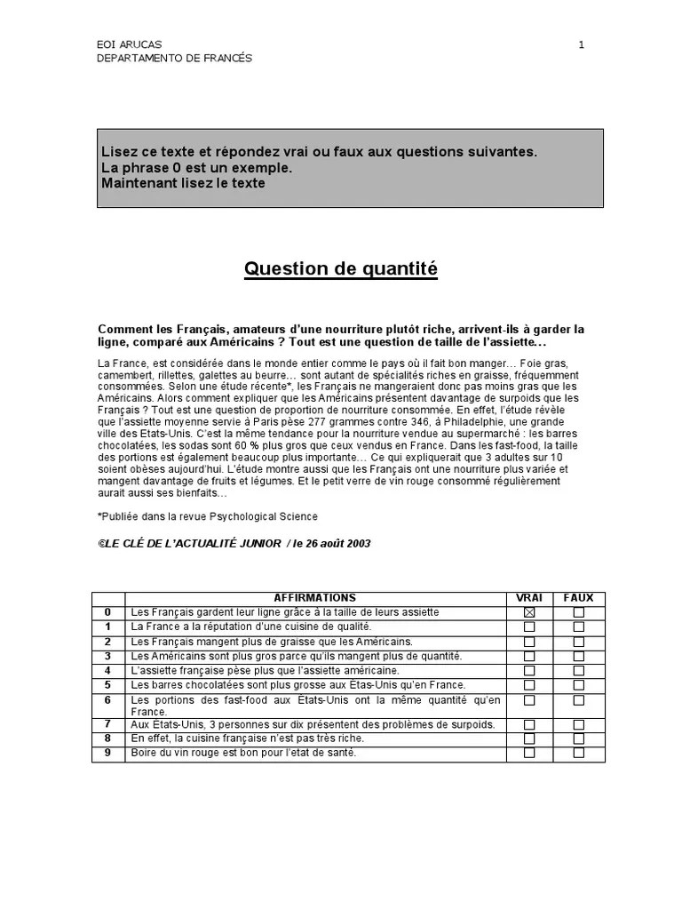 Compréhension Écrite Question de Quantité Vrai Faux | PDF | Obésité | France
