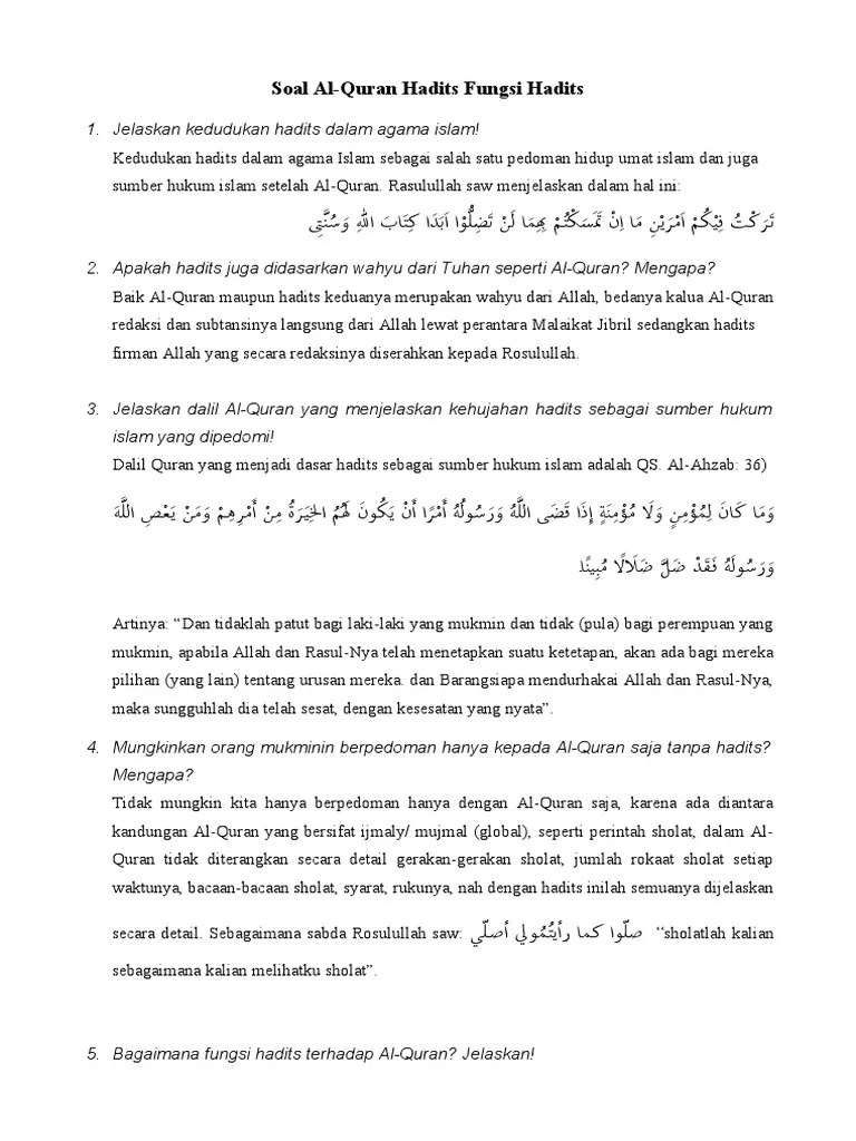 Al-Quran Hadits Soal-Soal Tentang Fungsi Hadits | PDF