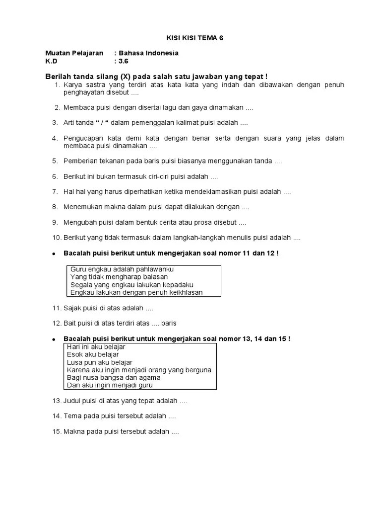 Kisi Kisi Tema 6 | PDF
