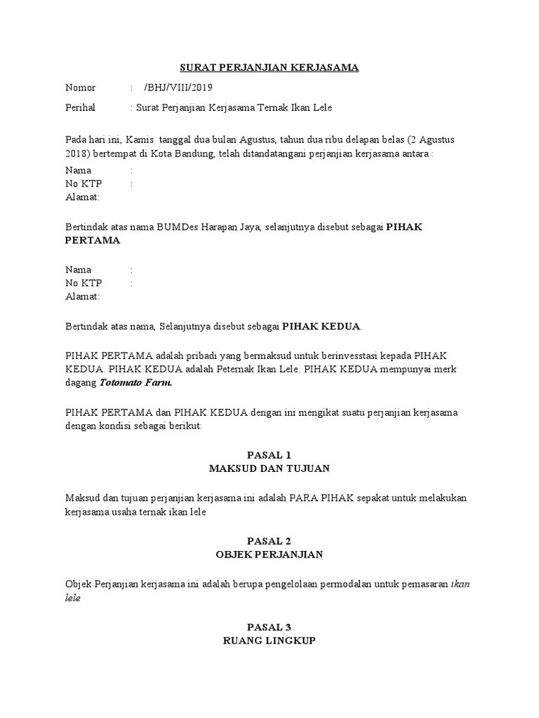0% menganggap dokumen ini bermanfaat, tandai dokumen ini sebagai bermanfaat. Surat Perjanjian Kerjasama Ikan Lele