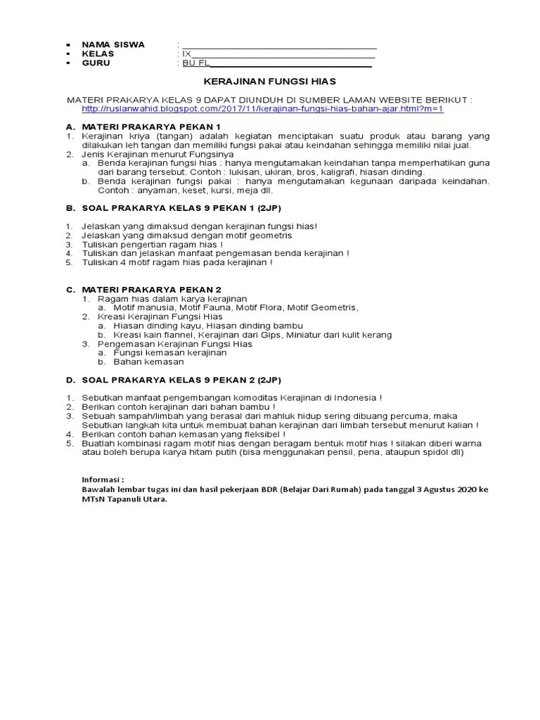 Simak tujuan dan manfaat kemasan produk pada produk kerajinan yang terbuat dari bahan limbah, materi prakarya dan kewirausahaan kelas 11. Materi Dan Soal Prakarya Pekan 1 Dan 2 2 Jp Flm 2 Pertemuan Pdf