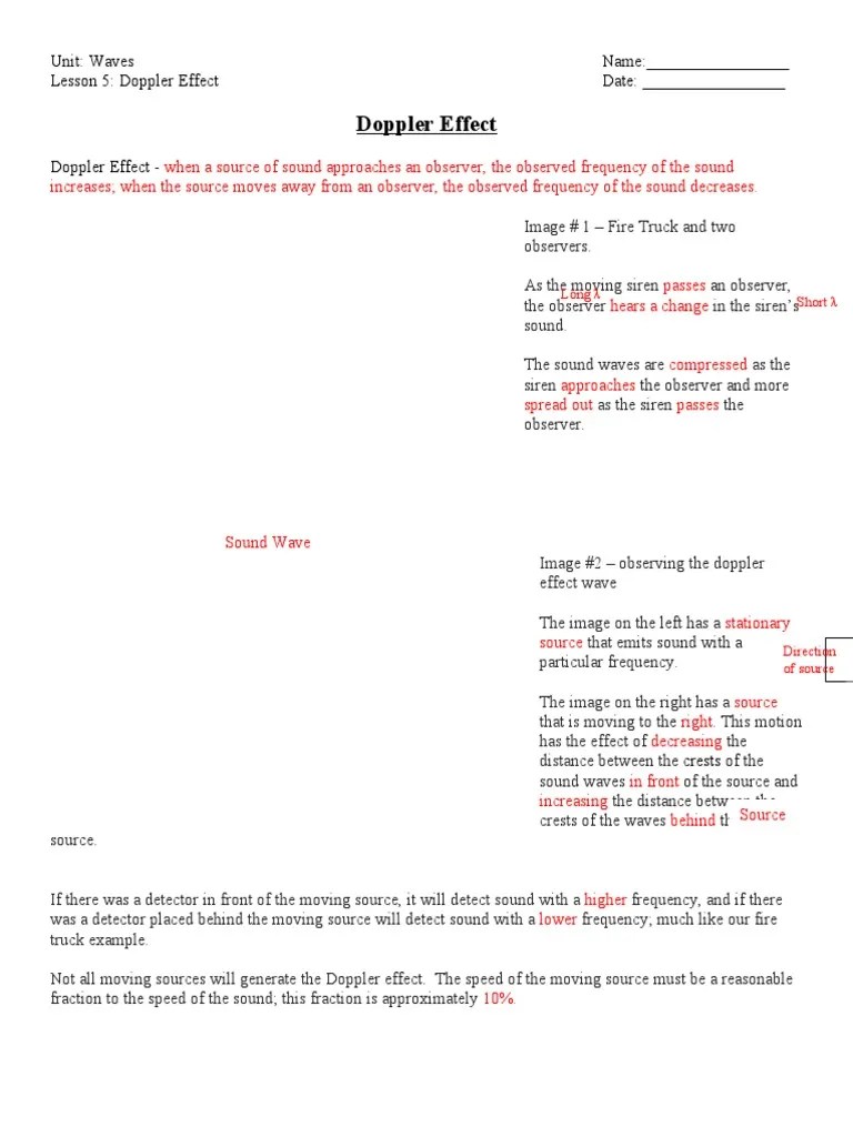 A higher frequency results when a . Doppler Effect Key Pdf Doppler Effect Sound