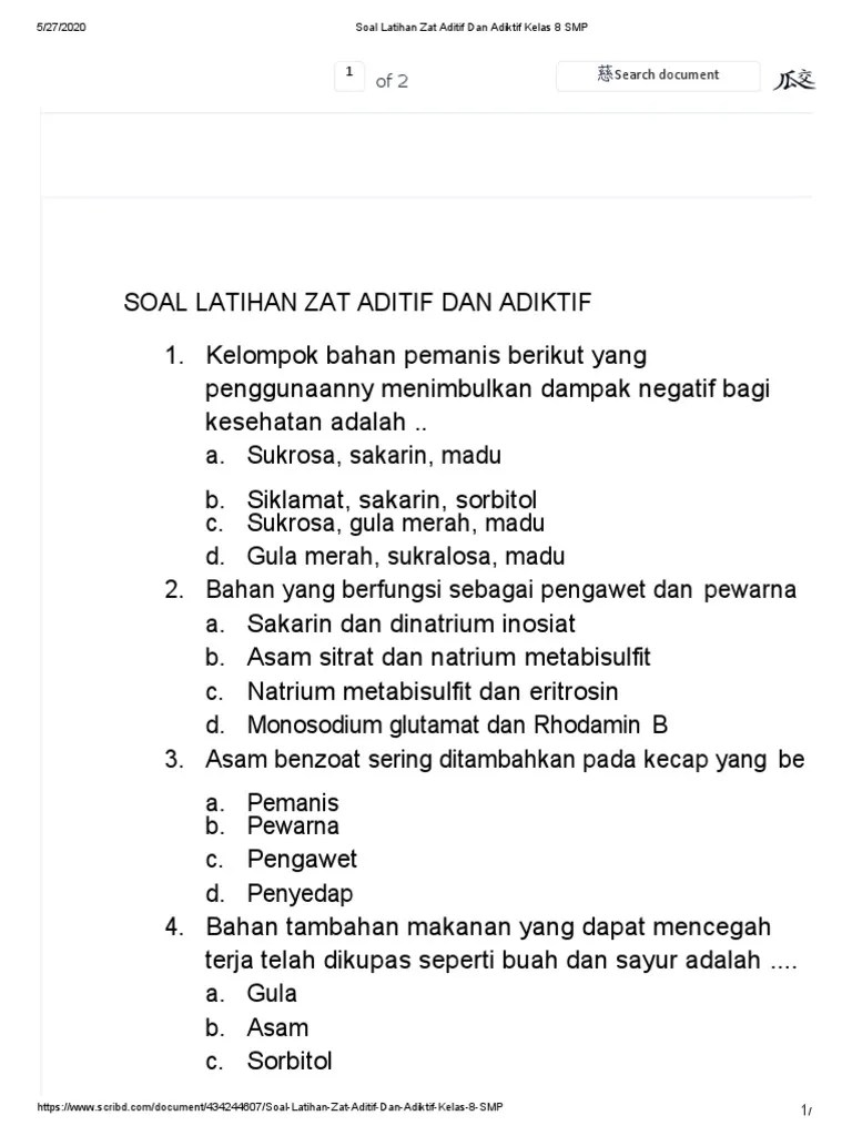Soal Latihan Zat Aditif Dan Adiktif Kelas 8 SMP.1 | PDF