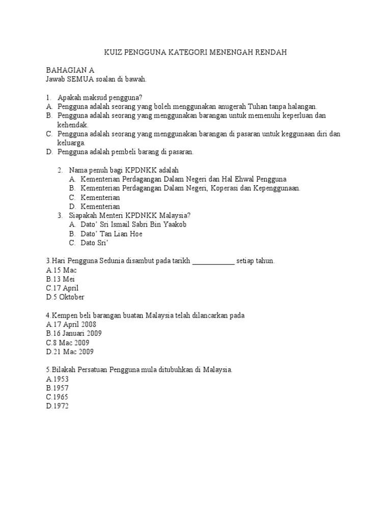 Pertandingan kepenggunaan sempena hari pengguna malaysia merupakan acara tahunan yang dianjurkan oleh fomca. Kuiz Pengguna Pdf