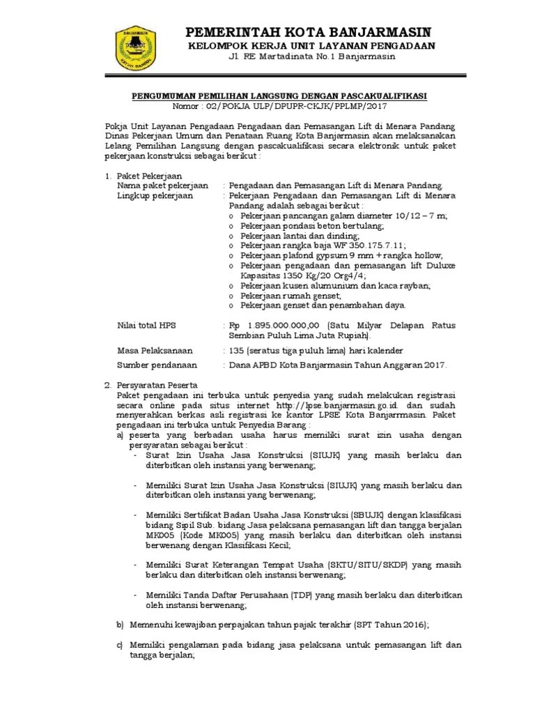 Pengumuman Lelang Lift PDF | PDF