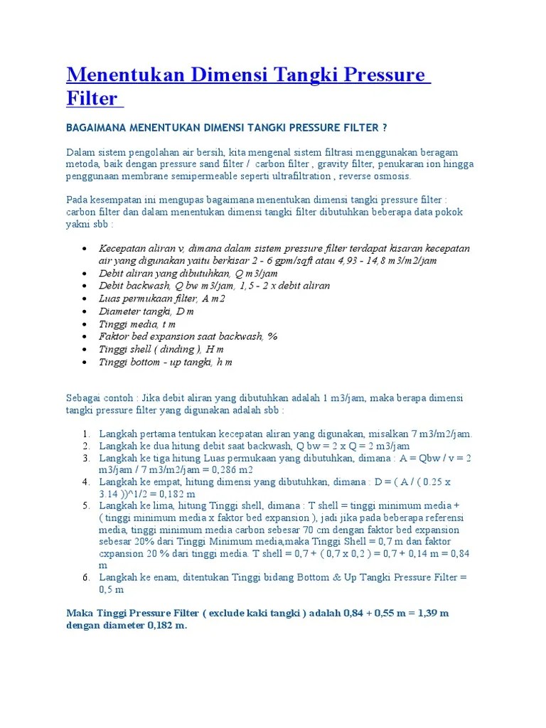 Menentukan Dimensi Tangki Pressure Filter | PDF