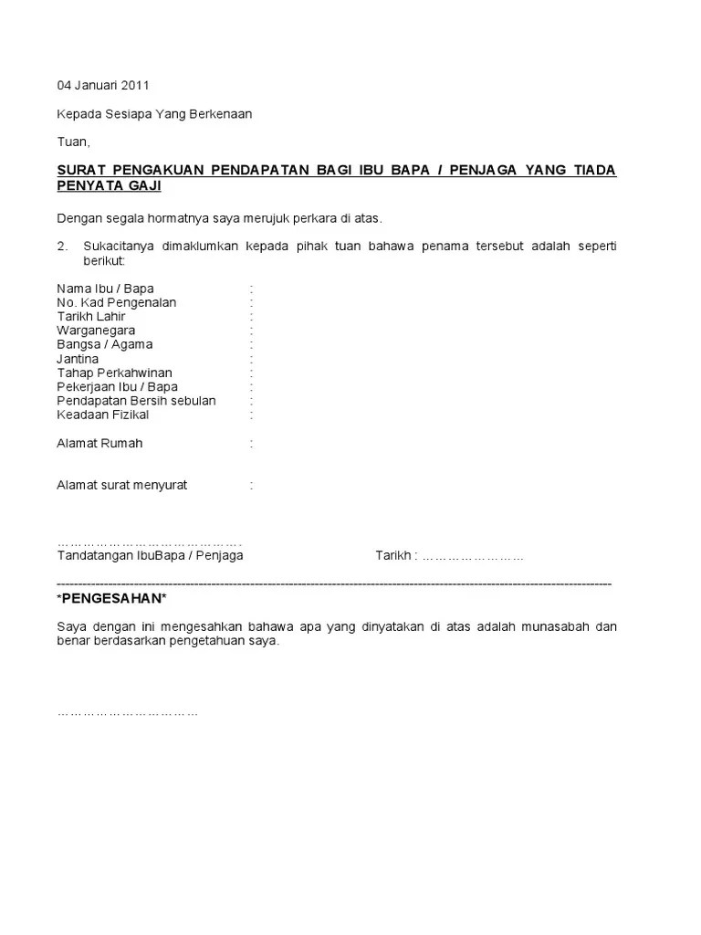 Contoh surat rasmi berhenti kerja dari majikan. Surat Pengesahan Ibu Bapa Tanpa penyata Gaji