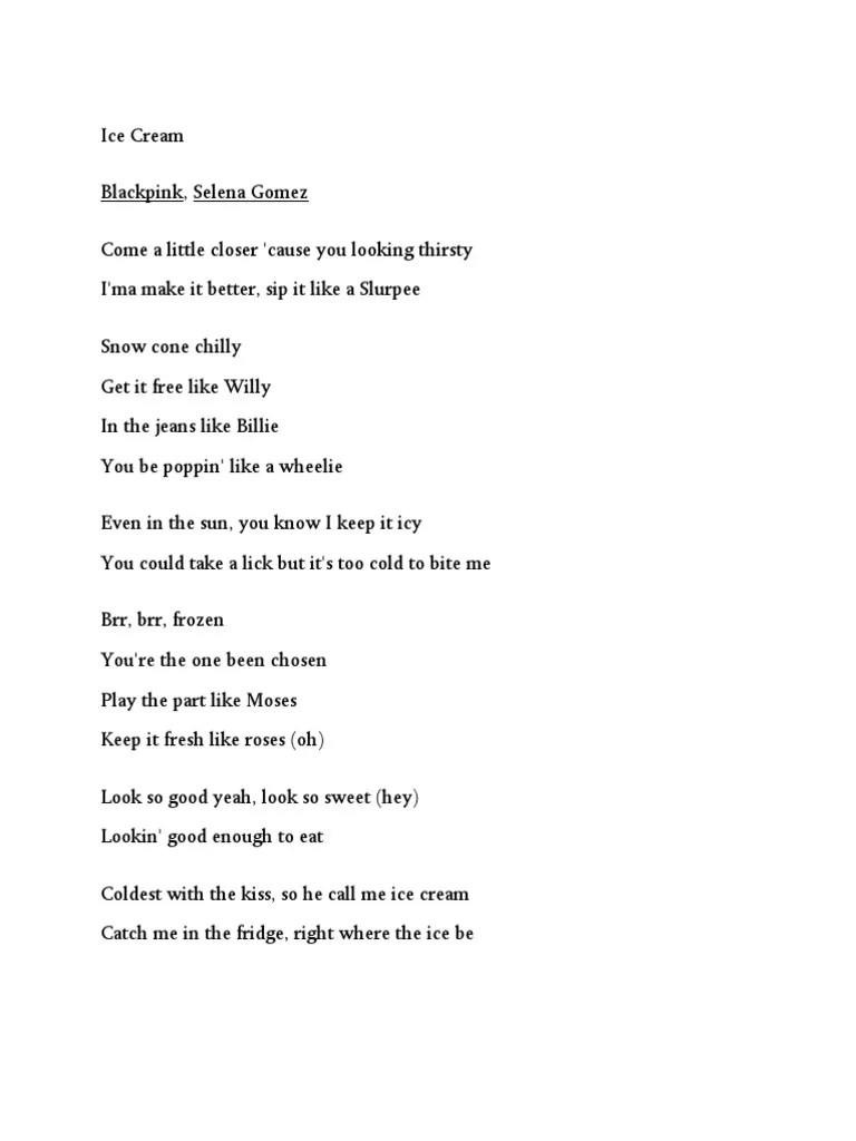 Lirik Lagu - Ice Cream by Blackpink and Selena | PDF