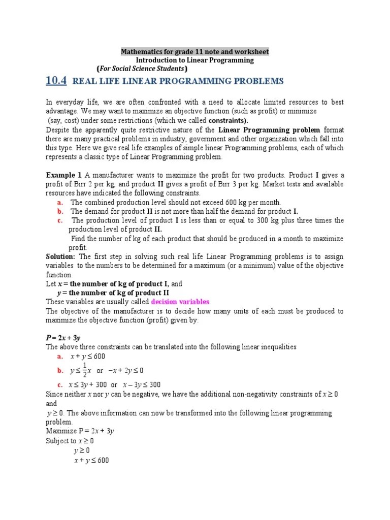 Set up and solve optimization problems in several applied fields. Math Grade 11 Social Note And Worksheet Week 11 Pdf Linear Programming Mathematical Optimization