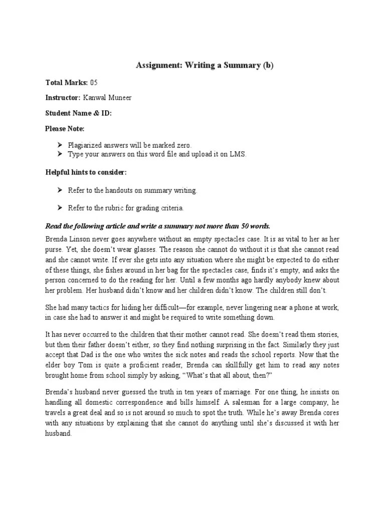 Use this exercise with your students to create short summaries with transition words. Summary Writing Assignment B Pdf