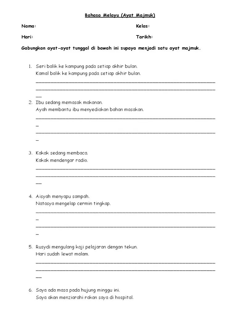 Latih tubi latihan bahasa melayu tahun 3 2020 from joyfunlearn membina ayat menggunakan kata sendi nama dan kata hubung. Latihan Ayat Majmuk Tahun 3 Pdf