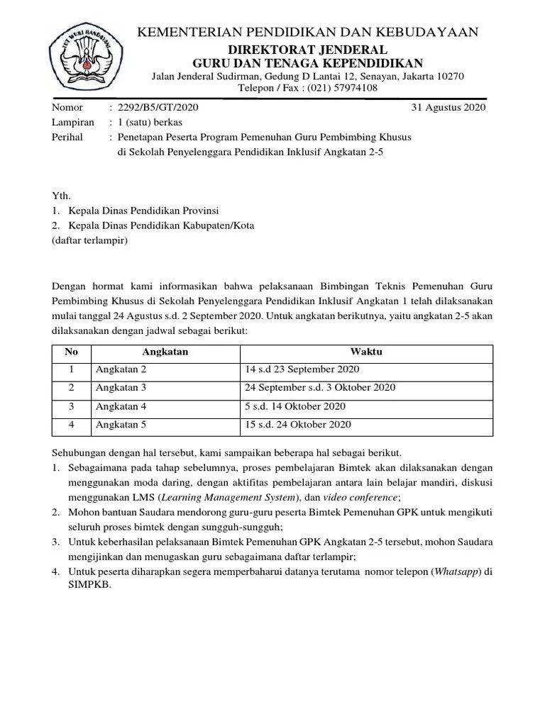 Surat Penetapan Peserta Bimtek Pemenuhan GPK Angkatan 2 5 | PDF