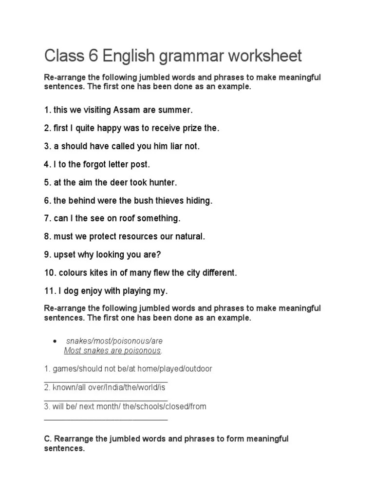 class 6 jumbled grammar worksheet pdf