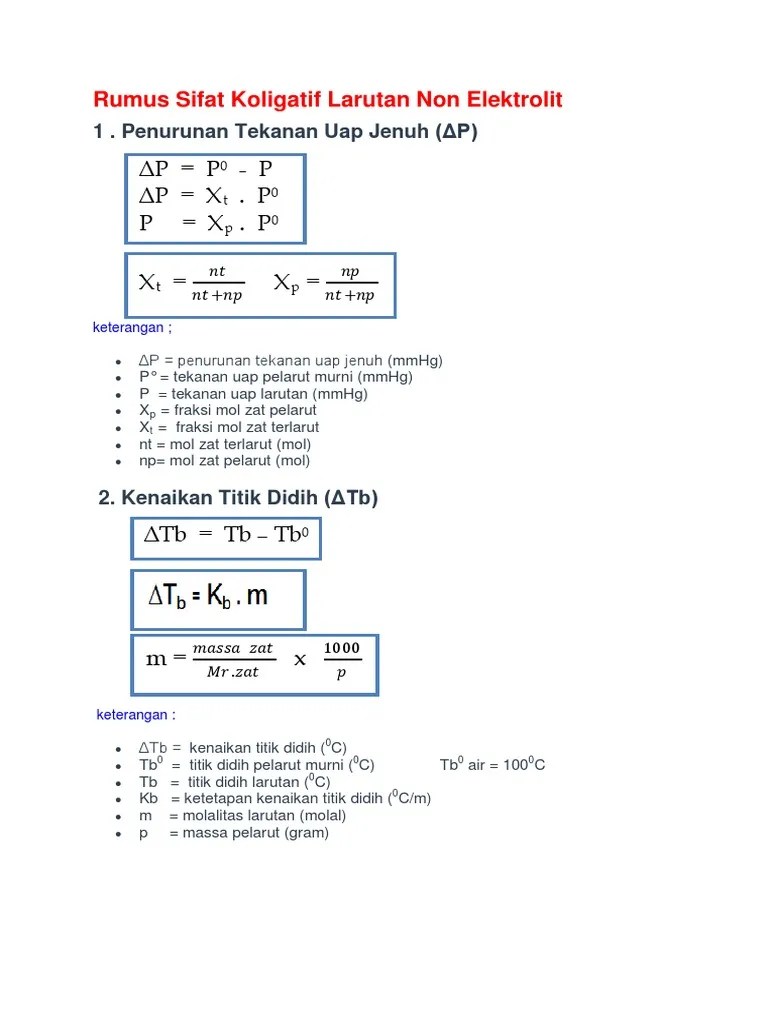 Tekanan uap jenuh air murni pada suhu 20 ̊c sebesar 17,5 mmhg. Rumus Sifat Koligatif Larutan Non Elektrolit Dan Elektrolit Pdf