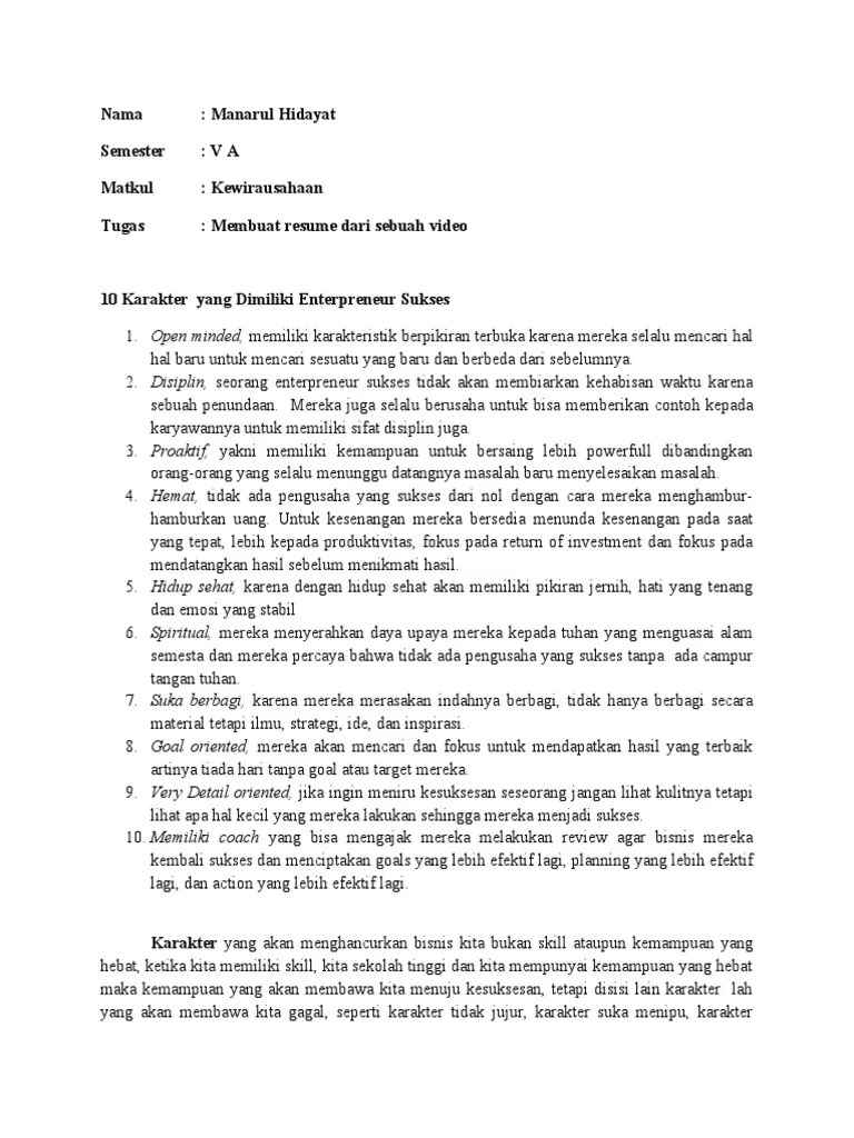 Tugas Resume Video Kewirausahaan Manarul Hidayat VA | PDF
