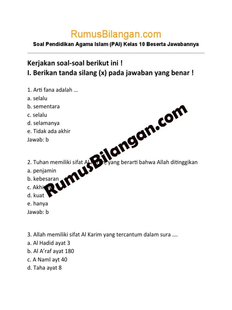 Soal Pendidikan Agama Islam (PAI) Kelas 10 Beserta Jawabannya | PDF