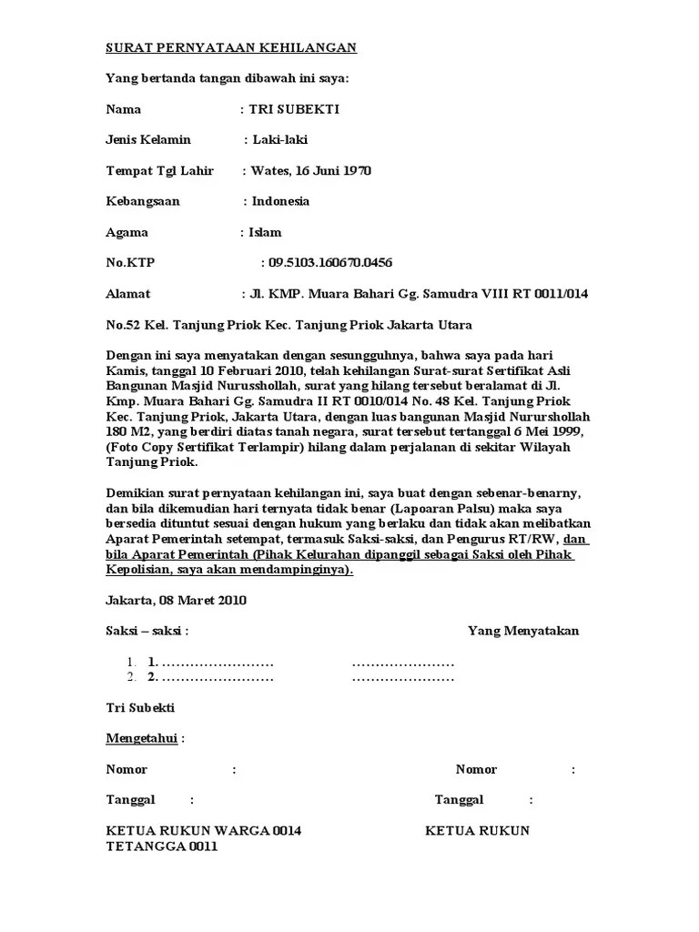 Format pernyataan kehilangan khs baru 1.docx. Surat Pernyataan Kehilangan Pdf