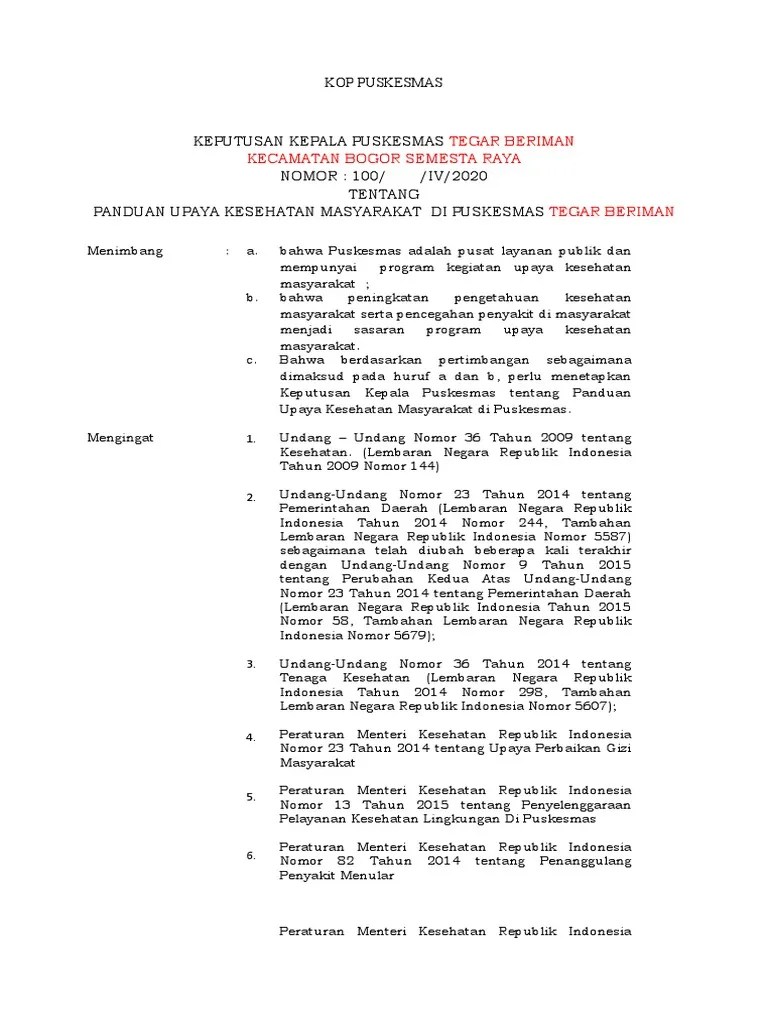 2 Contoh SK Panduan Upaya Kesehatan Masyarakat Di Puskesmas | PDF