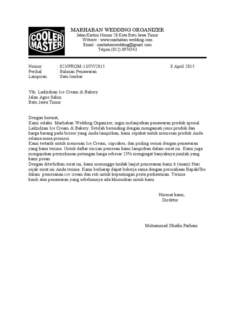 Contoh surat balasan penawaran ladzidzan. Tugas B Indo Dhafin