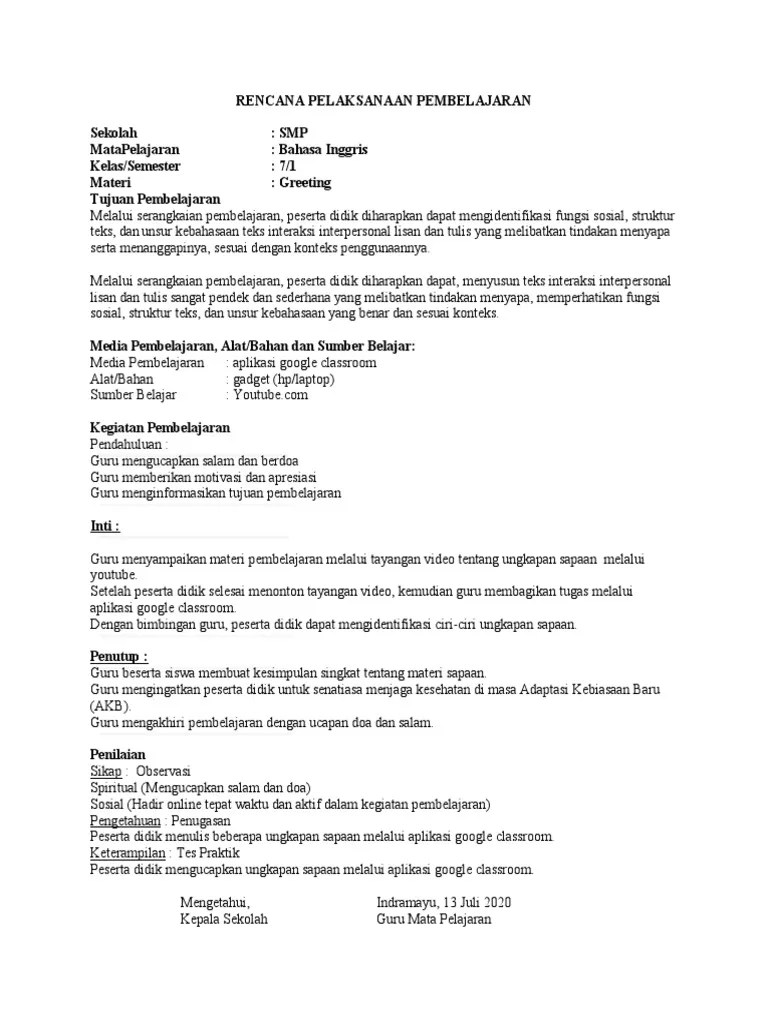 RPP Daring Bahasa Inggris Kelas 7 Semester 1 | PDF