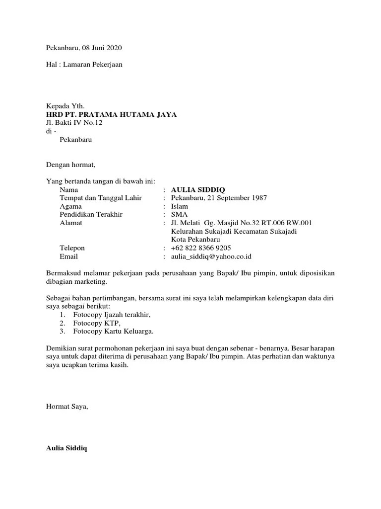 Surat Lamaran Kerja Aulia Siddiq | PDF