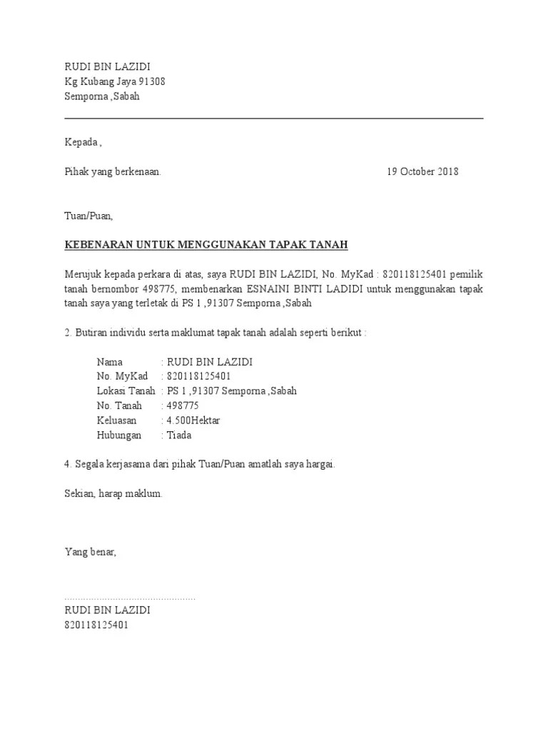 14 contoh surat kebenaran mengambil cek. Surat Kebenaran Menggunakan Tanah Pdf