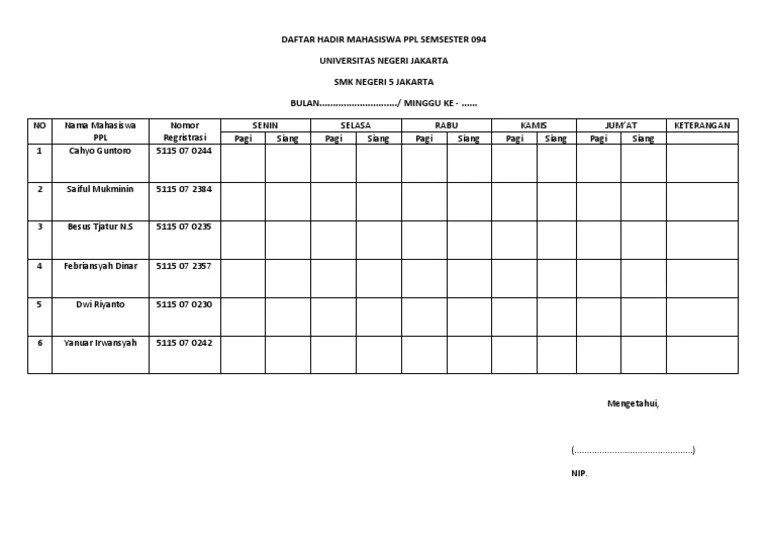 Nama siswa kelas keterangan garut, juli 2010 mengetahui, pembina osis pembina pmr drs. Daftar Hadir Mahasiswa Ppl Semsester 094 Pdf