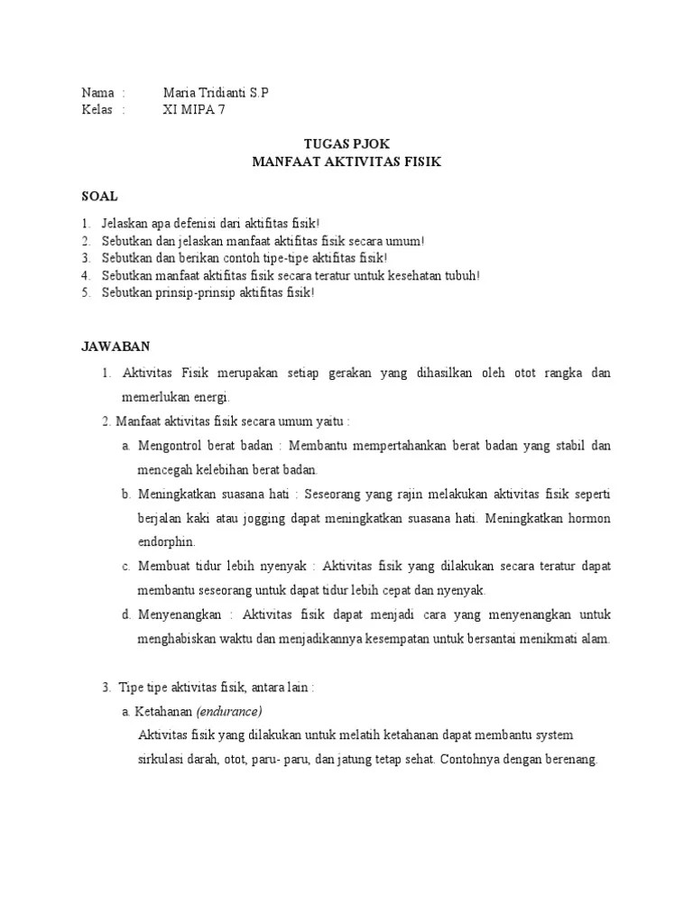 Tugas Pjok Kelas Xi Manfaat Aktifitas Fisik | PDF