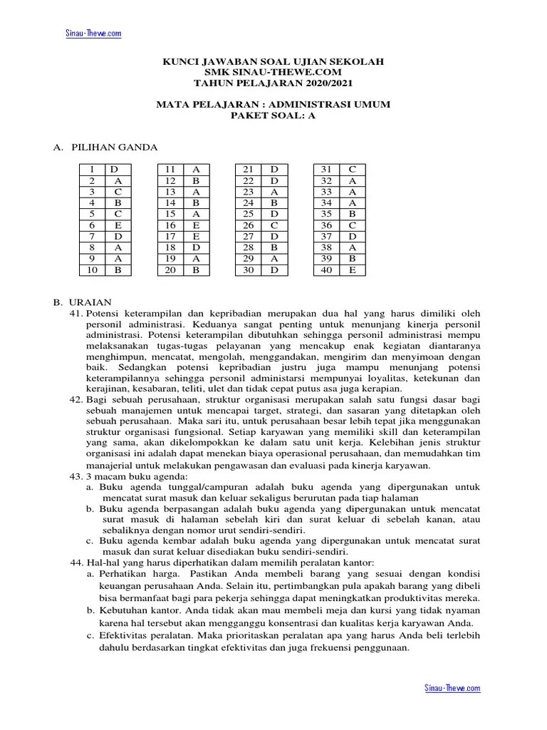 Kunci jawaban ujian semester 1 kelas 10 kurikulum 2013 administrasi umum. Kunci Jawaban Ujian Sekolah Administrasi Umum Tahun 2021 Sinau Thewe Pdf