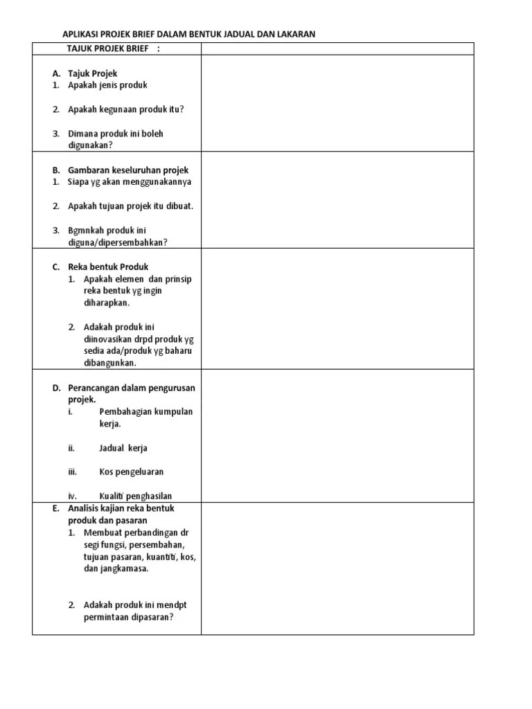 Contoh borang projek brief rbt tingkatan 3. Aplikasi Projek Brief Dalam Bentuk Jadual Dan Lakaran Pdf