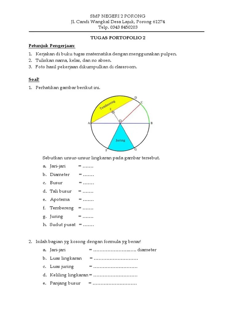 Titik pusat lingkaran · 2. Tugas Portofolio 2 Kelas Viii Unsur Unsur Lingkaran
