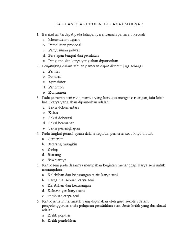 LATIHAN SOAL PTS Kls. X SENI BUDAYA | PDF