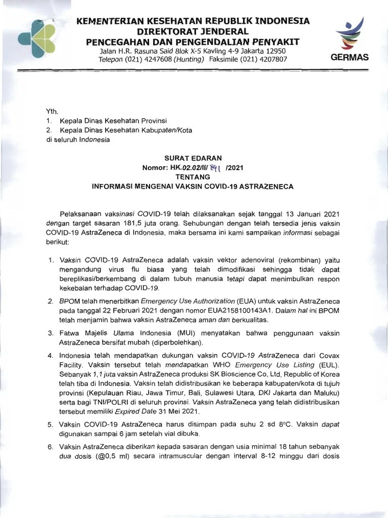 09.04.2021 · kementerian kesehatan melalui ditjen pencegahan dan pengendalian penyakit menerbitkan surat edaran nomor: Surat Edaran Informasi Mengenai Vaksin Covid 19 Astrazeneca Rev Pdf
