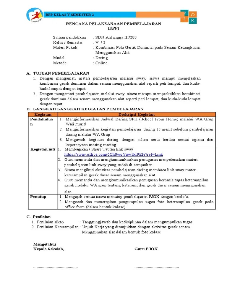 Selengkapnya yuk berikut rpp daring pjok kelas 5 semester genap yang sudah disederhanakan untuk tahun pelajaran 2021/2022 format word atau . Rpp Pjok Kelas 5 Kd 3 6 Pertemuan 3 Pdf
