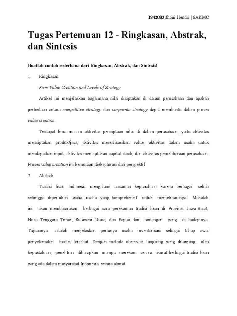 Tugas Pertemuan 12 - Ringkasan, Abstrak, Dan Sintesis | PDF