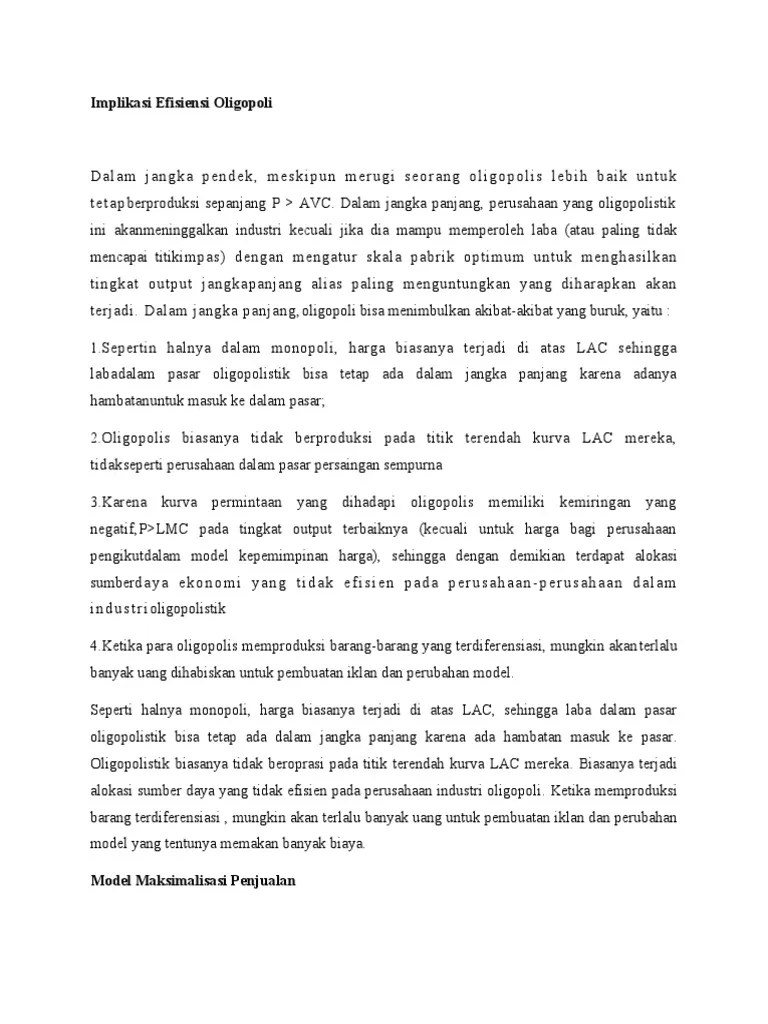 Struktur pasar tersebut adalah monopoli, oligopoli, dan persaingan monopilistik. Implikasi Efisiensi Oligopoli Pdf