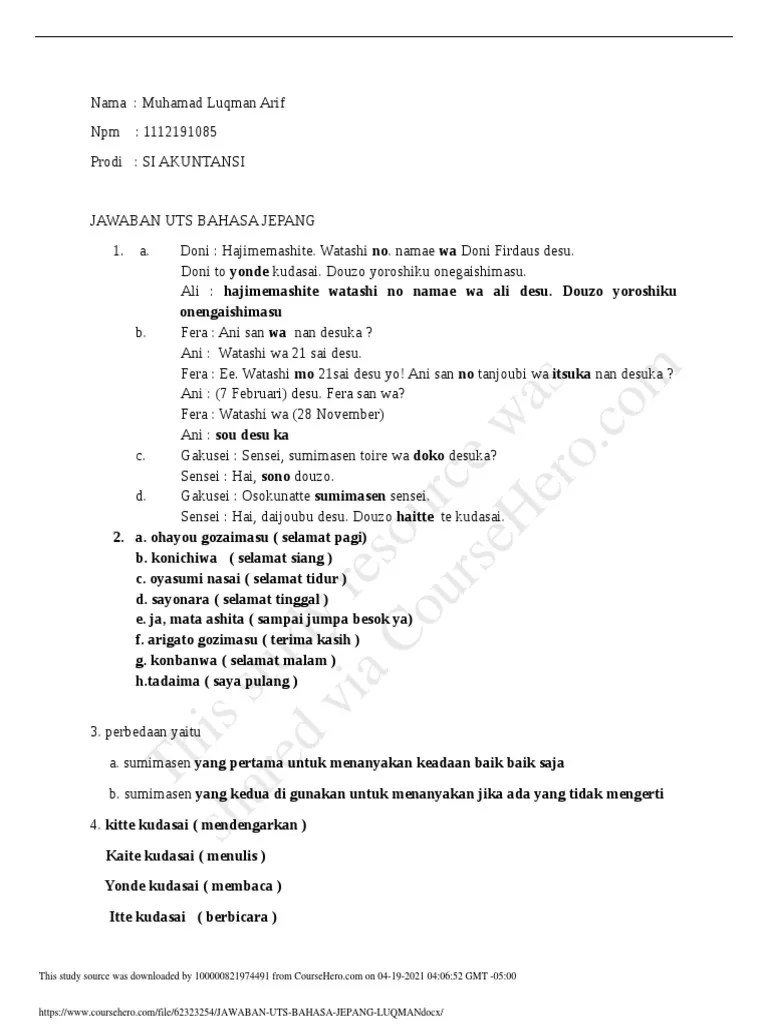Jawaban Uts Bahasa Jepang Luqman | PDF