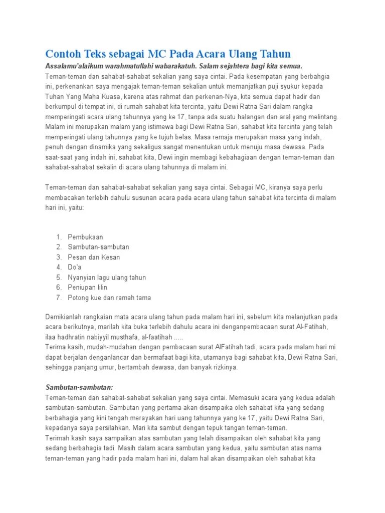 Contoh Teks Sebagai MC Pada Acara Ulang Tahun | PDF