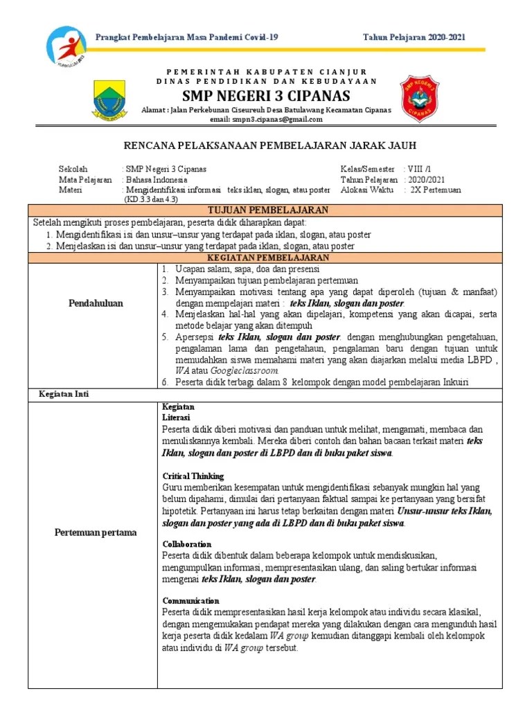 Kumpulan contoh soal bahasa indonesia kelas 8 semester ganjil materi teks berita dan teks iklan slogan dan poster lengkap dengan jawaban dan . Rpp Pjj Kls 8 Bi Iklan Seloga Poster Kd 3 3