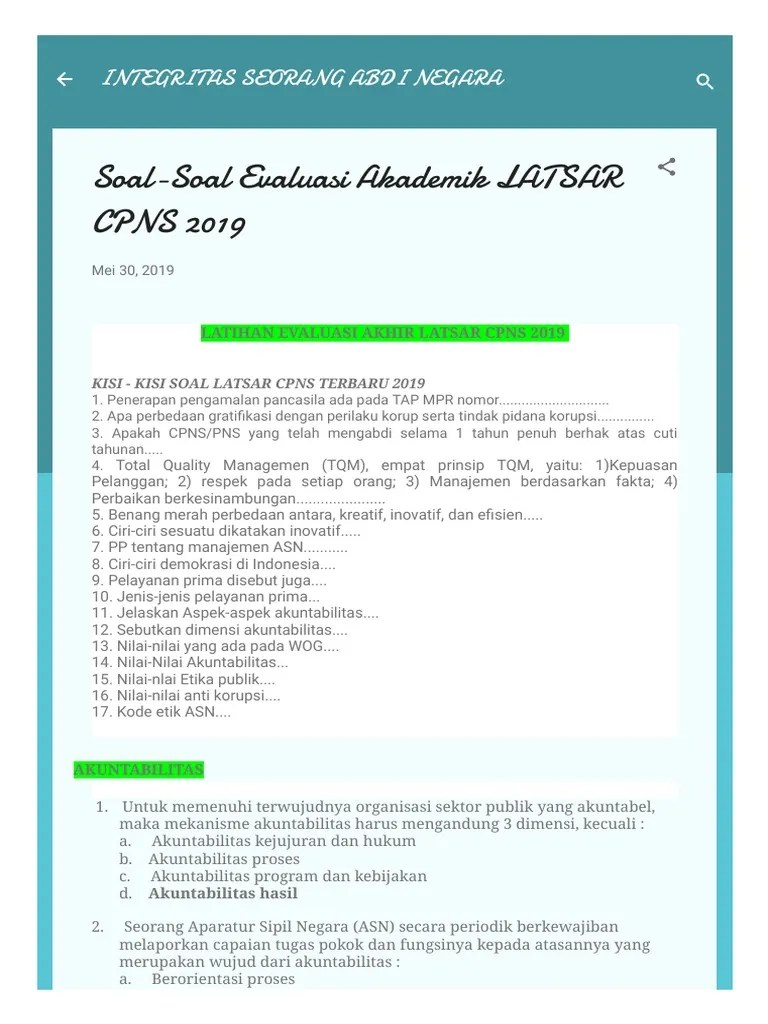 Pelatihan dasar calon pegawai negeri sipil (latsar cpns) adalah pendidikan dan pelatihan dalam masa prajabatan yang dilakukan secara terintegrasi untuk . Soal Soal Evaluasi Akademik Latsar Cpns 2019 1619489382171 Pdf