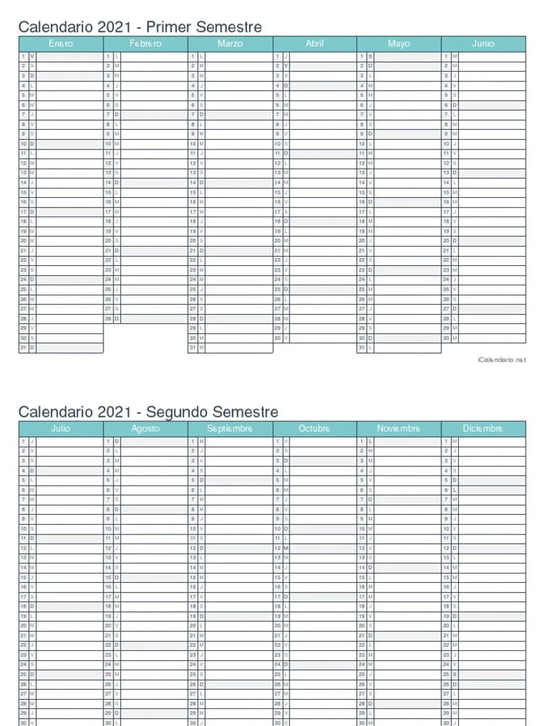 Estos incluyen el número de la semana. Calendario 2021 Semestral Blanco Turquesa Pdf