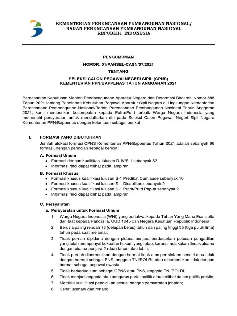 Berikut rincian jumlah formasi yang tersedia, jadwal, dan ketentuannya. Cpns Bappenas 2021 Pdf
