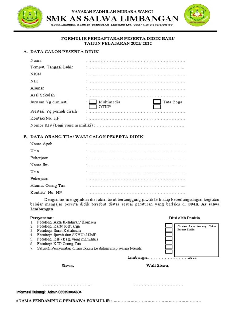 Memberikan sanksi sesuai tata tertib yang berlaku. Formulir Smk Assalwa 2021 Pdf